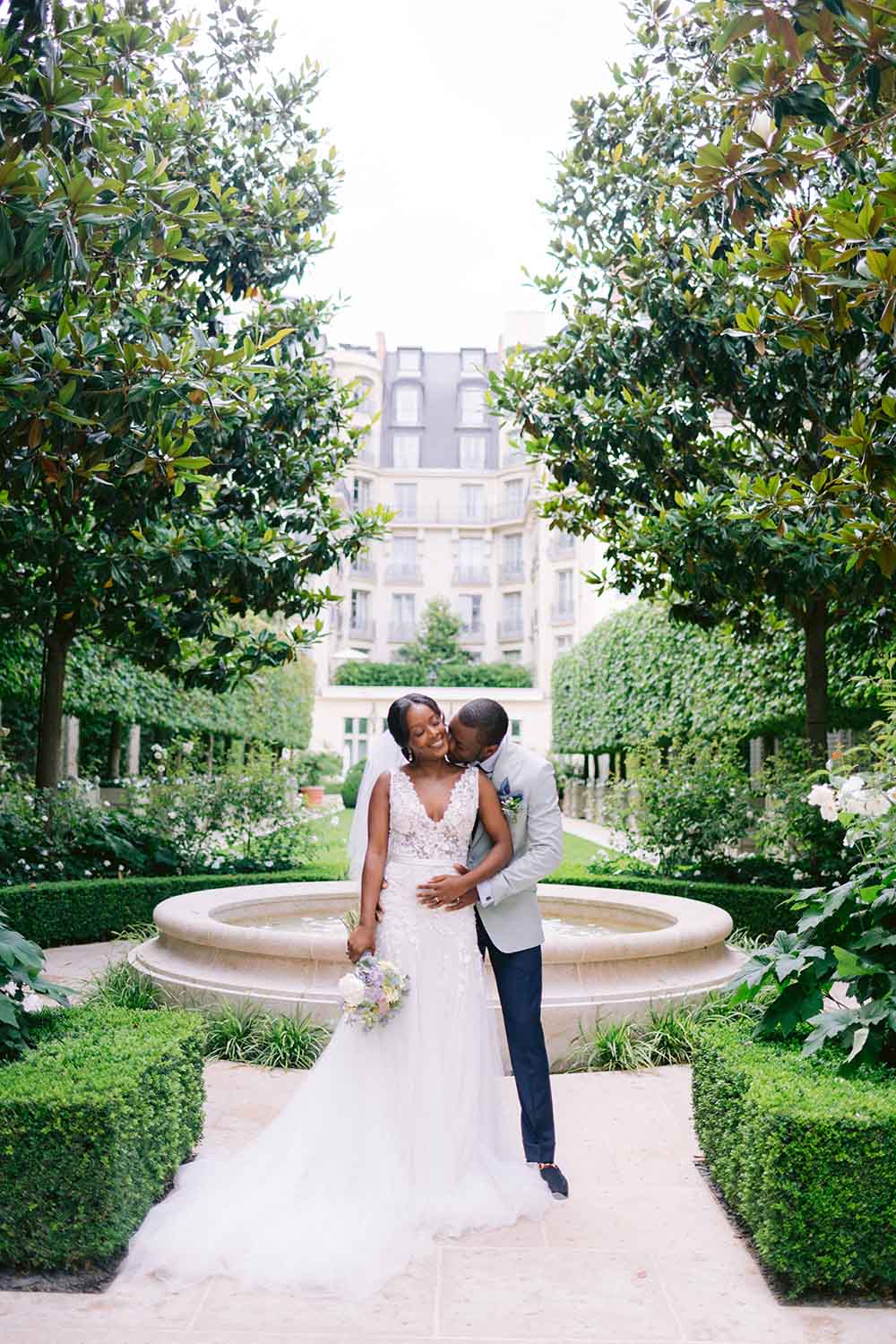 bride and groom in the garden